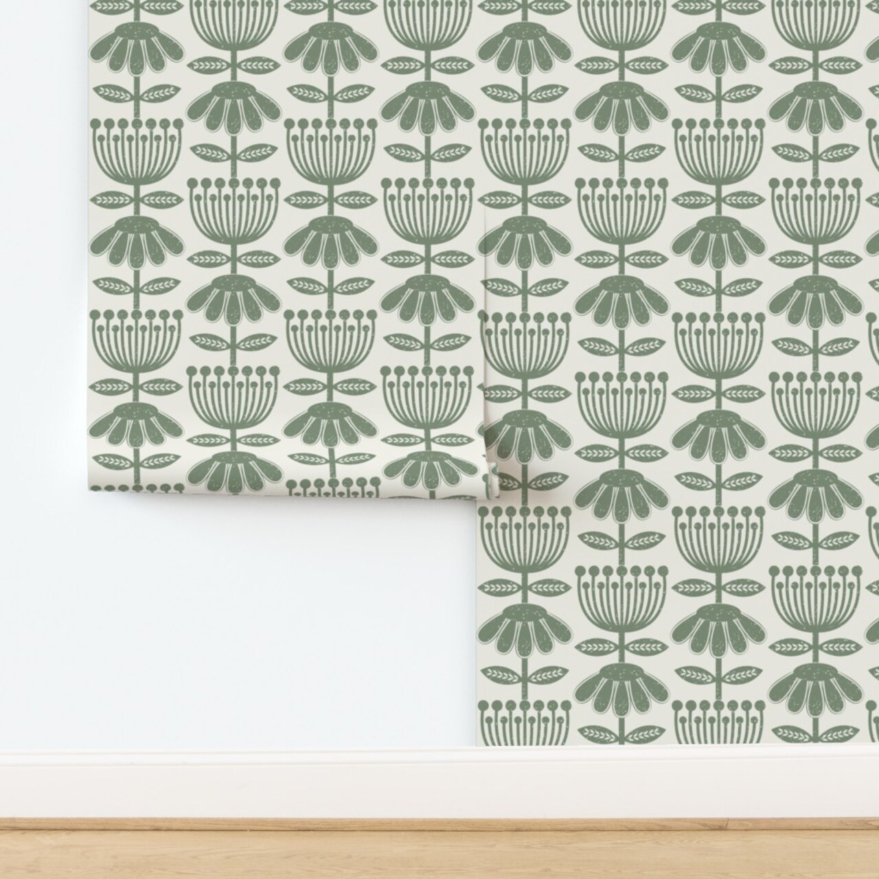 Scandi Flowers Green Hand Drawn Floral Scandinavian Folk Art Cottagecore Farmhouse Custom Pre-pasted Wallpaper by Spoonflower Pre-Pasted Wallpaper 2FT Wide